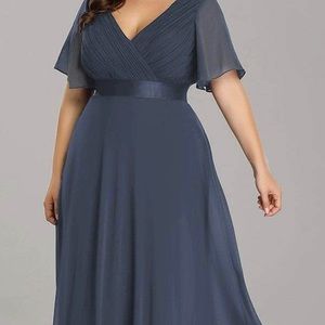 Ever Pretty Empire Waist V back evening dress with short sleeve, 16, dusty navy